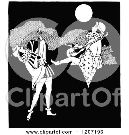 Clipart of a Vintage Black and White Musicians Under a Moon - Royalty Free Vector Illustration by Prawny Vintage