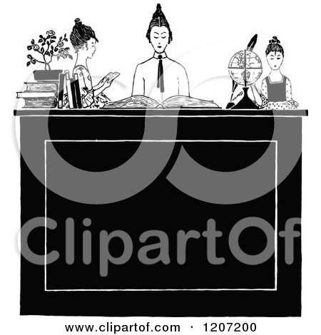 Clipart of a Vintage Black and White Group of Ladies Studying - Royalty Free Vector Illustration by Prawny Vintage