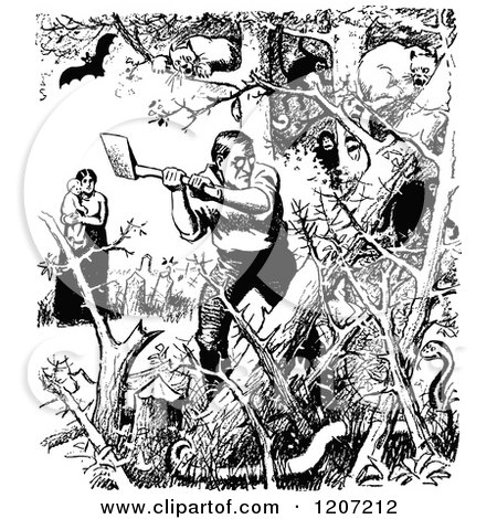 Clipart of a Vintage Black and White Pioneer Chopping down a Forest - Royalty Free Vector Illustration by Prawny Vintage