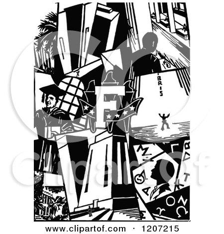 Clipart of a Vintage Black and White Collage of College People - Royalty Free Vector Illustration by Prawny Vintage