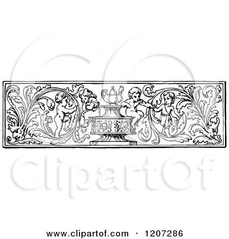 Clipart of a Vintage Black and White Floral Cherub Rule Border - Royalty Free Vector Illustration by Prawny Vintage