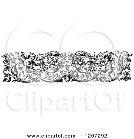 Clipart of a Vintage Black and White Floral Cherub Border - Royalty Free Vector Illustration by Prawny Vintage