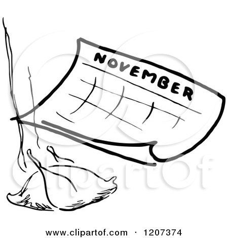 Clipart of a Vintage Black and White November Calendar with a Roasted Turkey - Royalty Free Vector Illustration by Prawny Vintage