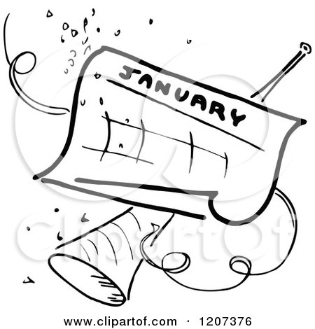 Clipart of a Vintage Black and White January Calendar with Party Confetti and Horn - Royalty Free Vector Illustration by Prawny Vintage