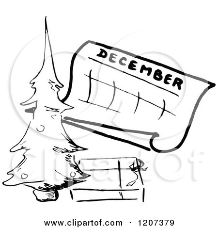 Clipart of a Vintage Black and White December Calendar with a Christmas Tree - Royalty Free Vector Illustration by Prawny Vintage