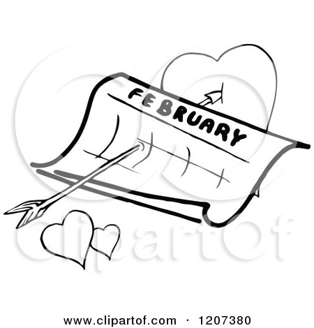 Clipart of a Vintage Black and White February Calendar with an Arrow and Hearts - Royalty Free Vector Illustration by Prawny Vintage