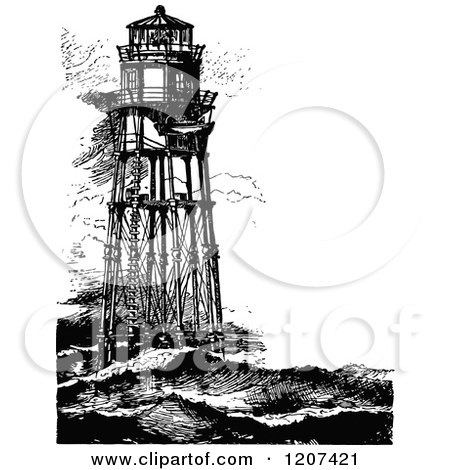 Clipart of Vintage Black and White Minots First Lighthouse - Royalty Free Vector Illustration by Prawny Vintage