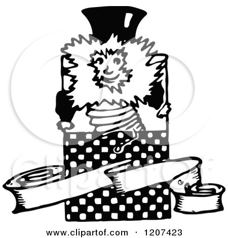 Clipart of a Vintage Black and White Jack in the Box and Banner - Royalty Free Vector Illustration by Prawny Vintage