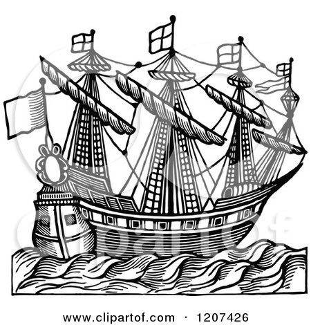 Clipart of a Vintage Black and White Elizabethan Ship - Royalty Free Vector Illustration by Prawny Vintage
