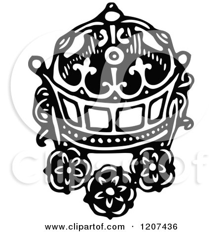 Clipart of a Vintage Black and White Crown and Flowers - Royalty Free Vector Illustration by Prawny Vintage