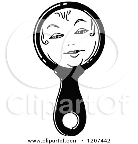 Clipart of a Vintage Black and White Hand Held Mirror with a Face - Royalty Free Vector Illustration by Prawny Vintage