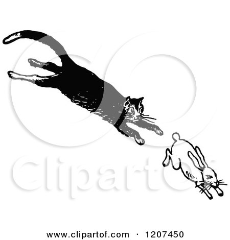 Clipart of a Vintage Black and White Cat Chasing a Rabbit - Royalty Free Vector Illustration by Prawny Vintage