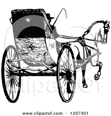 Clipart of a Vintage Black and White Horse Drawn Chaise - Royalty Free Vector Illustration by Prawny Vintage