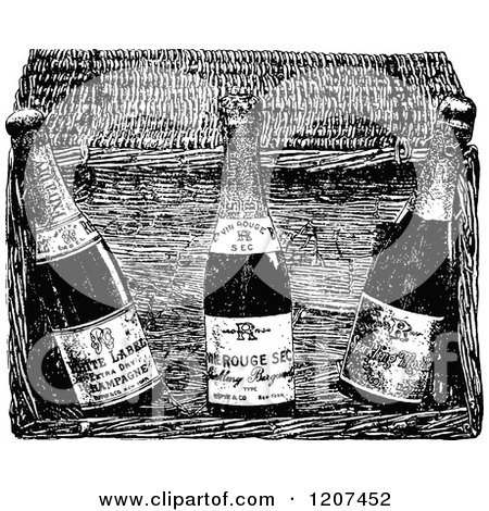 Clipart of a Vintage Black and White Champagne Basket - Royalty Free Vector Illustration by Prawny Vintage