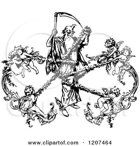 Clipart of a Vintage Black and White Grim Reaper Being Captured by Cherubs - Royalty Free Vector Illustration by Prawny Vintage