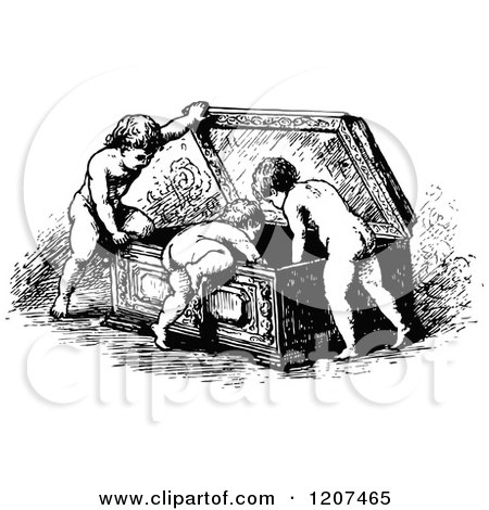 Clipart of a Vintage Black and White Box and Cherubs - Royalty Free Vector Illustration by Prawny Vintage