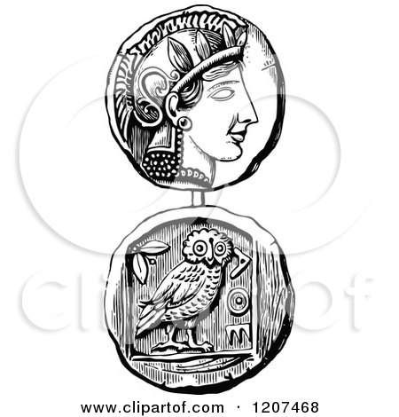 Clipart of a Vintage Black and White Coin of Athens - Royalty Free Vector Illustration by Prawny Vintage