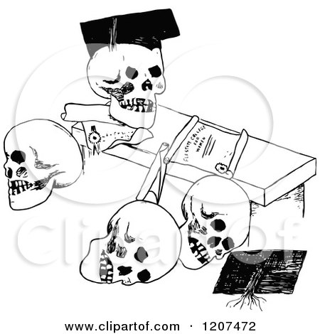 Clipart of a Vintage Black and White Diploma and Post Graduate Skulls - Royalty Free Vector Illustration by Prawny Vintage