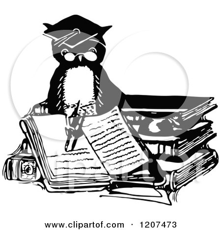 Clipart of a Vintage Black and White Professor Owl Writing ...