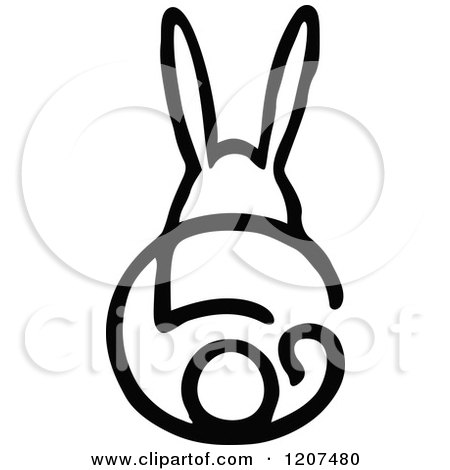 Clipart of a Black and White Rear View of a Rabbit - Royalty Free Vector Illustration by Prawny Vintage