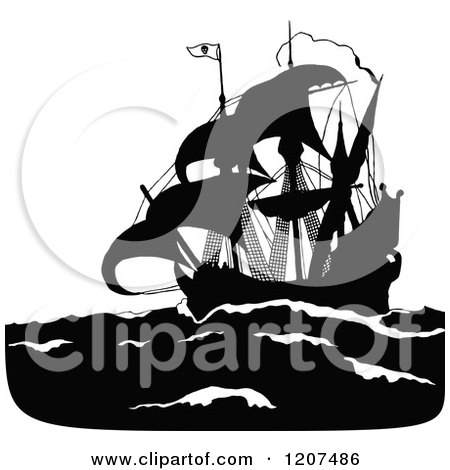 Clipart of a Vintage Black and White Silhouetted Pirate Ship - Royalty Free Vector Illustration by Prawny Vintage