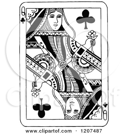 Clipart of a Vintage Black and White Queen of Clubs Playing Card - Royalty Free Vector Illustration by Prawny Vintage