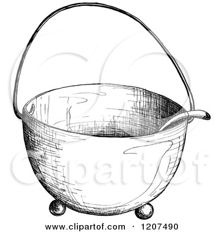 Clipart of a Vintage Black and White Hanging Soup Pot - Royalty Free Vector Illustration by Prawny Vintage