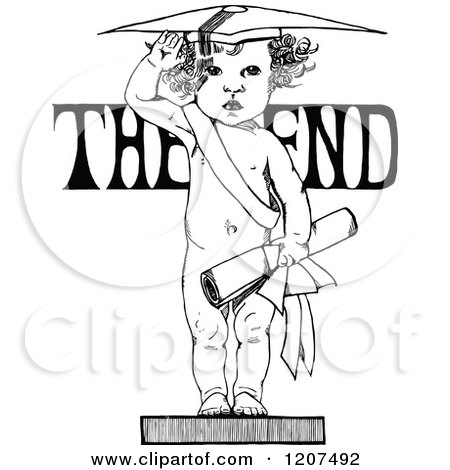 Clipart of a Vintage Black and White Graduate Baby and the End Text - Royalty Free Vector Illustration by Prawny Vintage