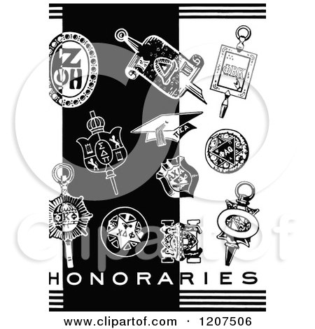 Clipart of Vintage Black and White Graduation Items and Honararies Text - Royalty Free Vector Illustration by Prawny Vintage