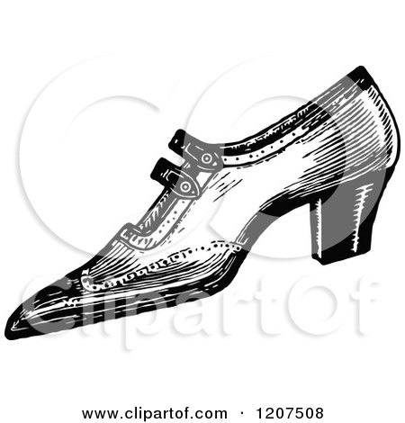 Clipart of a Vintage Black and White Pointy Ladies Shoe - Royalty Free Vector Illustration by Prawny Vintage
