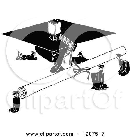 Clipart of a Vintage Black and White Giant Diploma and Graduation Cap with Graduates - Royalty Free Vector Illustration by Prawny Vintage