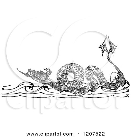 Clipart of a Vintage Black and White Sea Dragon - Royalty Free Vector Illustration by Prawny Vintage