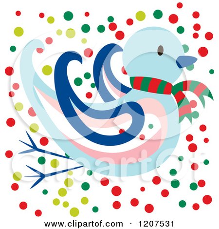 Cartoon of a Blue Christmas Bird with a Scarf and Dots - Royalty Free Vector Clipart by Cherie Reve