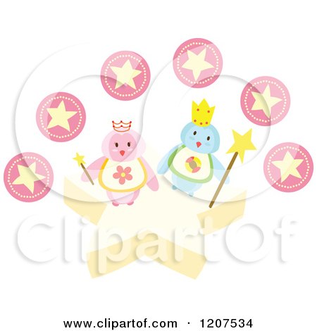 Cartoon of a King and Queen Penguin with Pink Stars - Royalty Free Vector Clipart by Cherie Reve