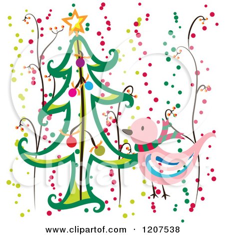 Cartoon of a Pink Christmas Bird with a Tree and Dots - Royalty Free Vector Clipart by Cherie Reve