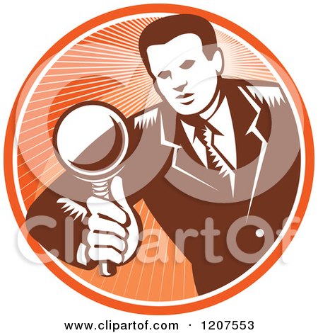 Clipart of a Retro Woodut Businessman Inspecting with a Magnifying Glass in an Orange Circle - Royalty Free Vector Illustration by patrimonio
