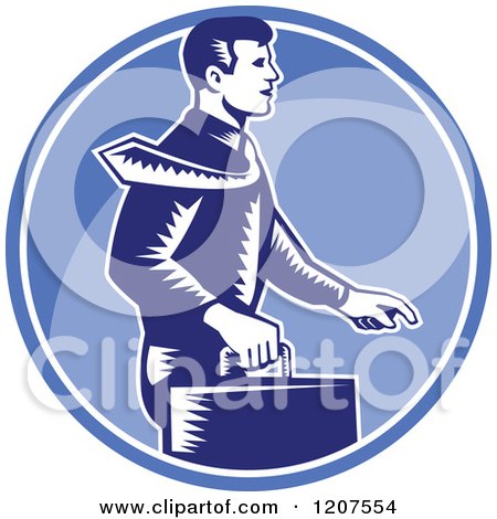 Clipart of a Retro Woodut Businessman Walking in a Blue Circle - Royalty Free Vector Illustration by patrimonio
