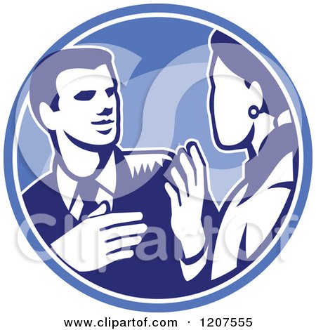 Clipart of a Retro Woodut Businessman and Woman Talking in a Blue Circle - Royalty Free Vector Illustration by patrimonio
