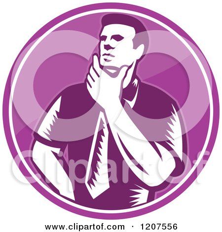 Clipart of a Retro Woodut Businessman Thinking in a Purple Circle - Royalty Free Vector Illustration by patrimonio
