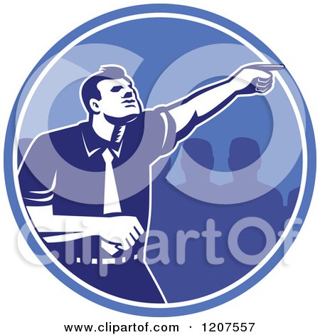 Clipart of a Retro Woodut Businessman Pointing Forward in a Blue Circle - Royalty Free Vector Illustration by patrimonio