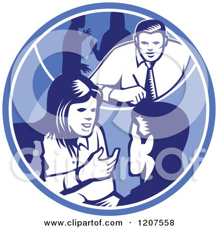 Clipart of Retro Woodut Business People Talking in a Blue Circle - Royalty Free Vector Illustration by patrimonio