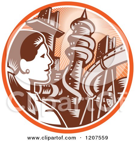 Clipart of a Retro Woodut Businesswoman and City in an Orange Ray Circle - Royalty Free Vector Illustration by patrimonio