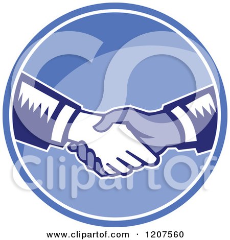 Clipart of Retro Woodut Men Shaking Hands in a Blue Circle - Royalty Free Vector Illustration by patrimonio