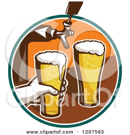Clipart of a Retro Bartender Filling Beer Glasses from Tap - Royalty Free Vector Illustration by patrimonio