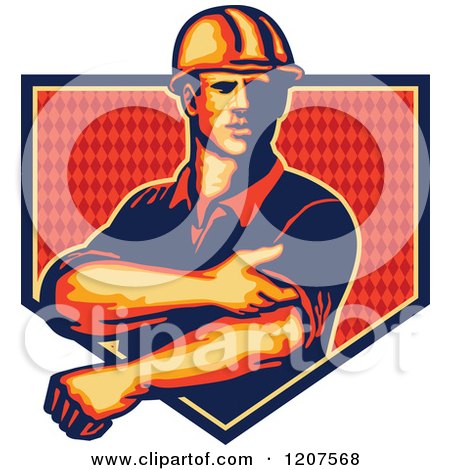 Clipart of a Strong Construction Worker Rolling up His Sleeves over a Diamond Patterned Shield - Royalty Free Vector Illustration by patrimonio