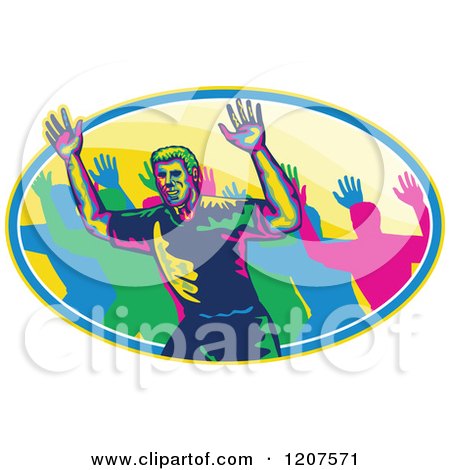 Clipart of a Male Marathon Runner and Crowd Holding up Hands in an Oval - Royalty Free Vector Illustration by patrimonio