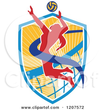 Clipart of a Female Volleyball Player Spiking a Ball on a Shield - Royalty Free Vector Illustration by patrimonio