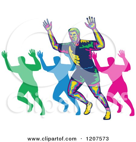 Clipart of a Retro Colorful Marathon Runner and Silhouettes Holding up Hands - Royalty Free Vector Illustration by patrimonio