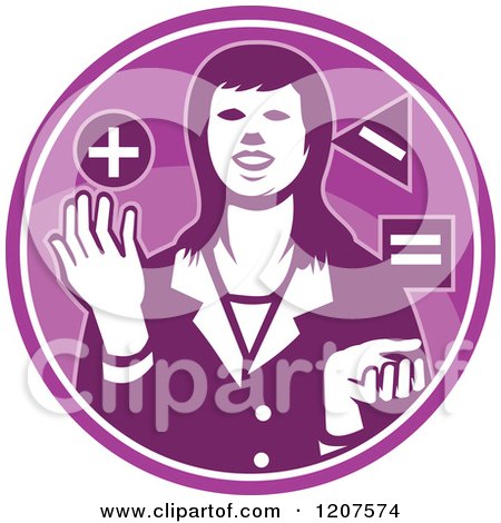 Clipart of a Retro Businesswoman Juggling Shapes in a Purple Circle - Royalty Free Vector Illustration by patrimonio