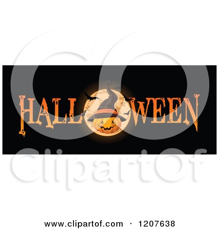 Cartoon of a Halloween Banner with a Jackolantern Pumpkin Wearing a Witch Hat over a Full Moon with Bats, on Black - Royalty Free Vector Clipart by Pushkin